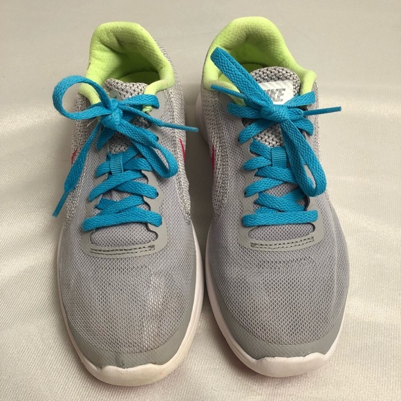Nike Revolution 3 gray neon yellow blue running sneakers - Picture 1 of 8